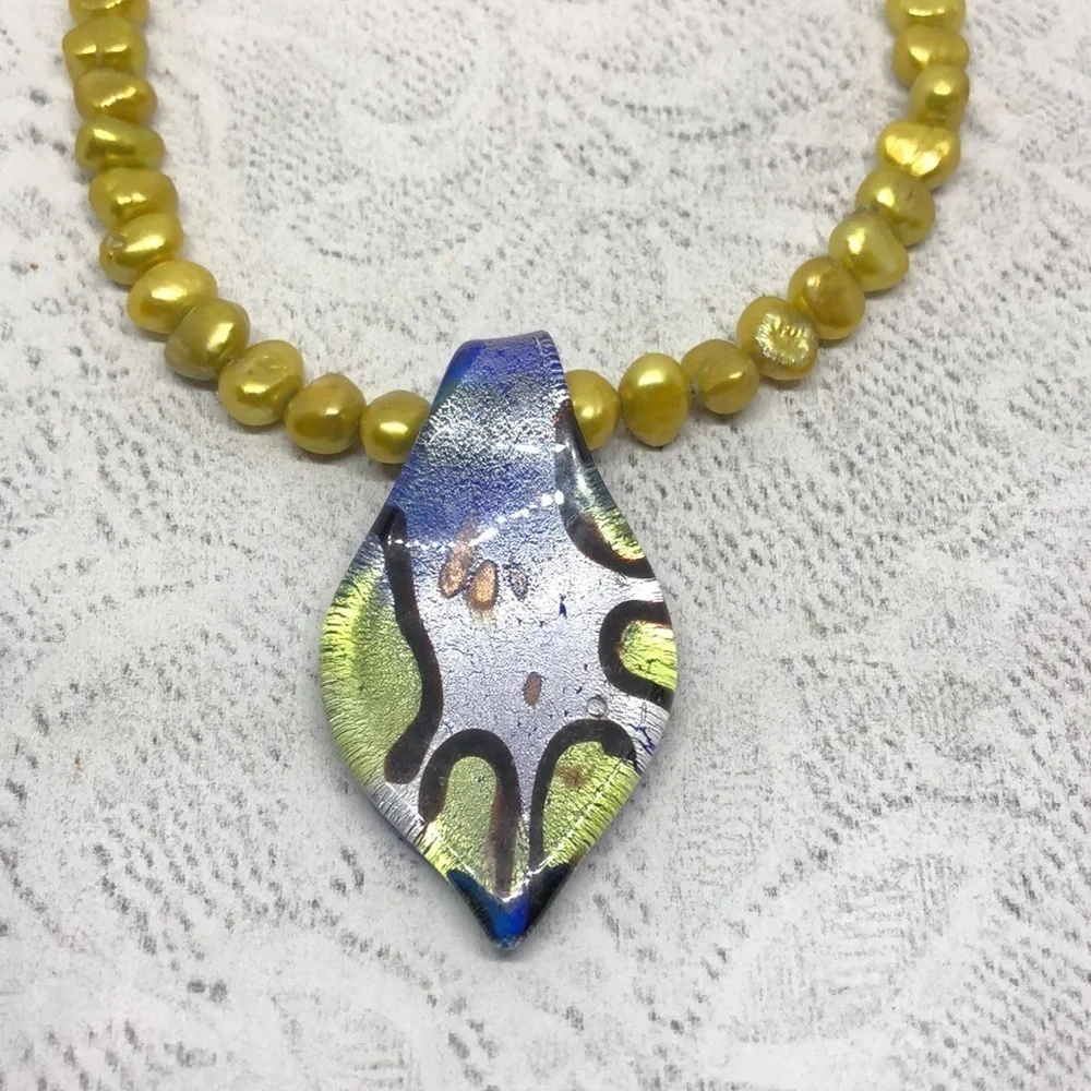 ARTISAN freshwater pearl necklace art glass pendant sterling boho colorful fun